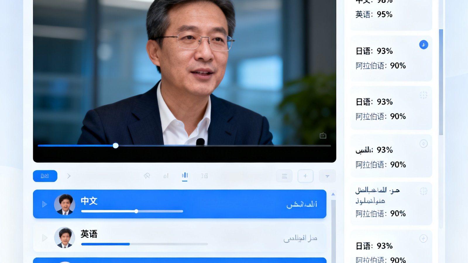 一张多语种数字演播厅软件界面的截图，中央是实时直播画面，画面下方并排显示着中文、英语、日语、阿拉伯语四条字幕轨道，右侧面板展示各语种的AI翻译置信度评分。