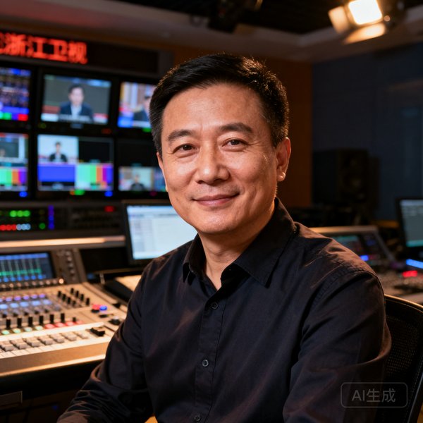 浙江卫视技术总监张先生坐在演播室控制台前的半身肖像，他穿着深色衬衫，表情自信而沉稳，背景是布满监视器的直播控制室。